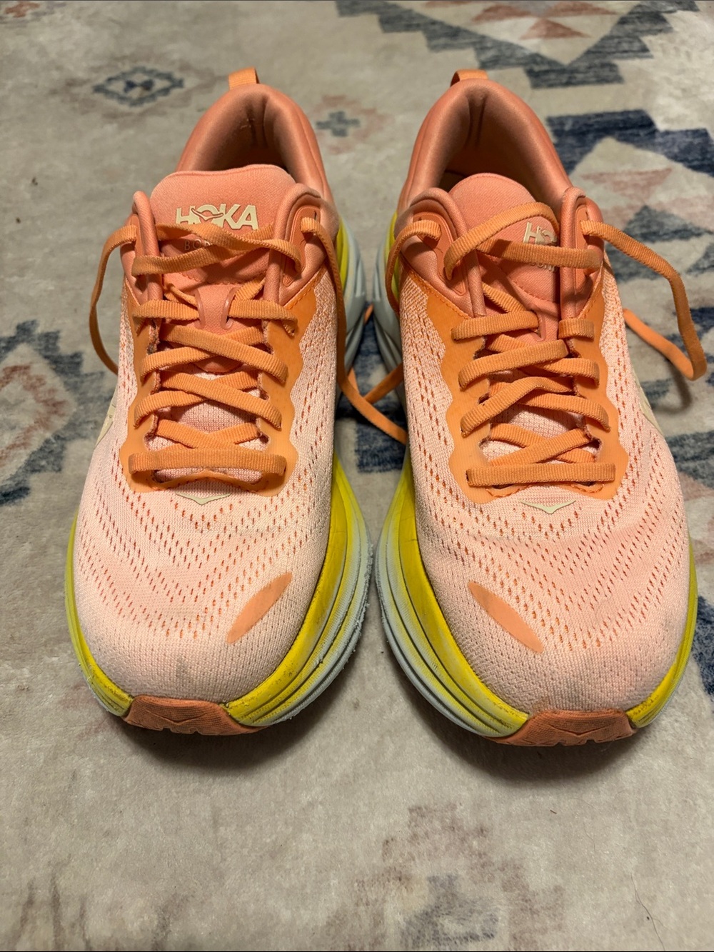 Hoka Bondi 8 Coral Peach & Yellow Performance Running Shoes 9 B - Picture 4 of 8